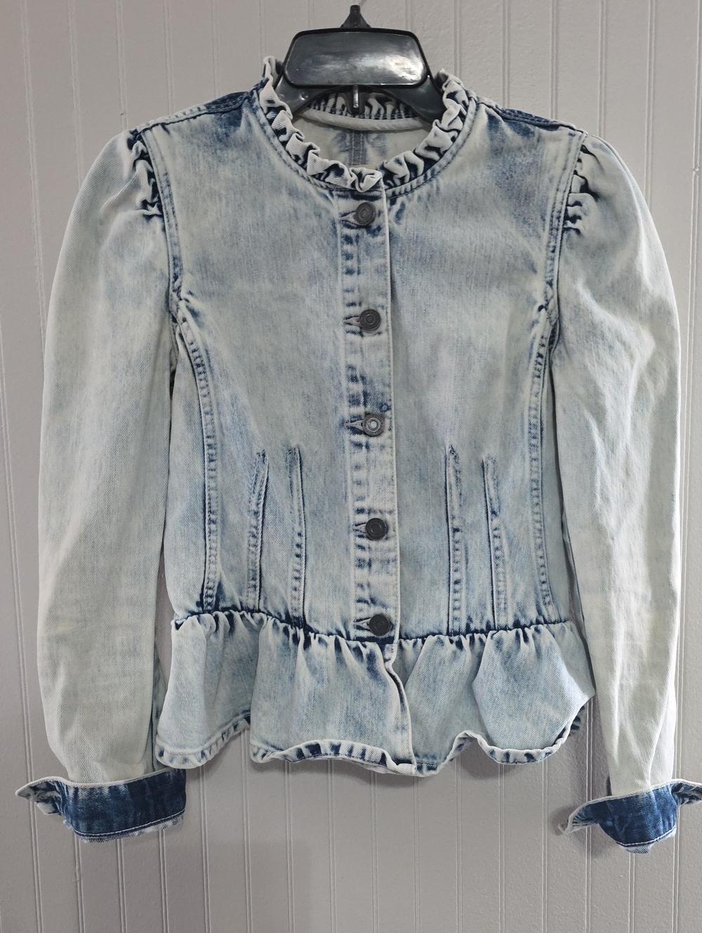 XS Rebecca Taylor Light Wash Ruffle-Hem Denim Jacket